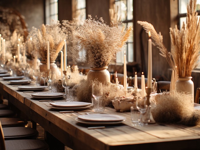 An autumn-themed table setting with rustic wooden elements. It features tall, lit white candles and beige vases filled with pampas grass, creating a warm and inviting ambiance.